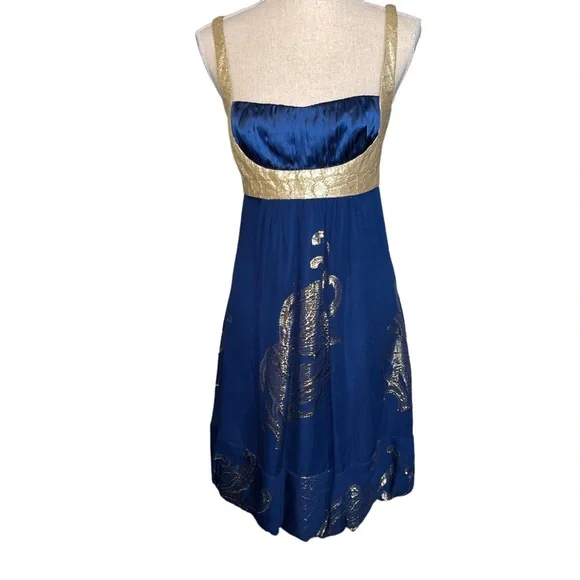 Nicole Miller Collection | Dresses | Nicole Miller Collection Womens Size 4  Festive Dress Blue Gold Embroider Accent | Poshmark